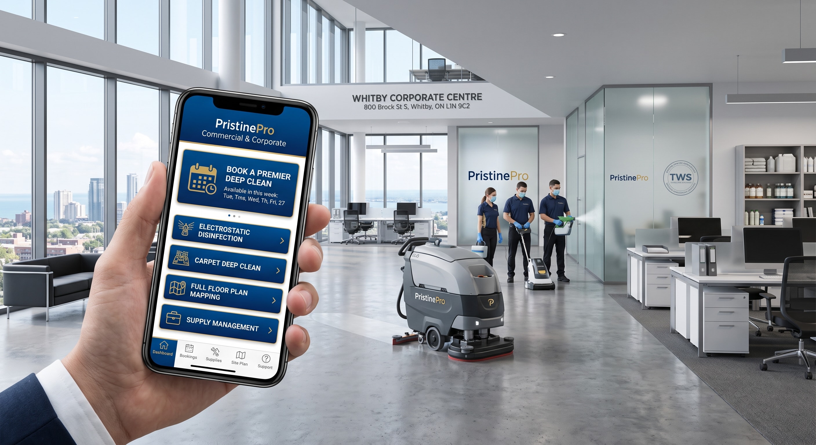 PristinePro app interface showing booking, disinfection, carpet cleaning and supply management features at Whitby Corporate Centre